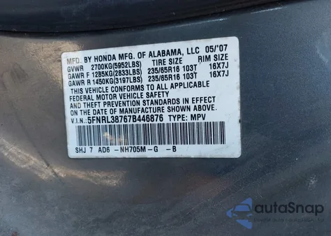 2007 Honda Odyssey Ex-L from USA, damaged, VIN 5FNRL38767B446876